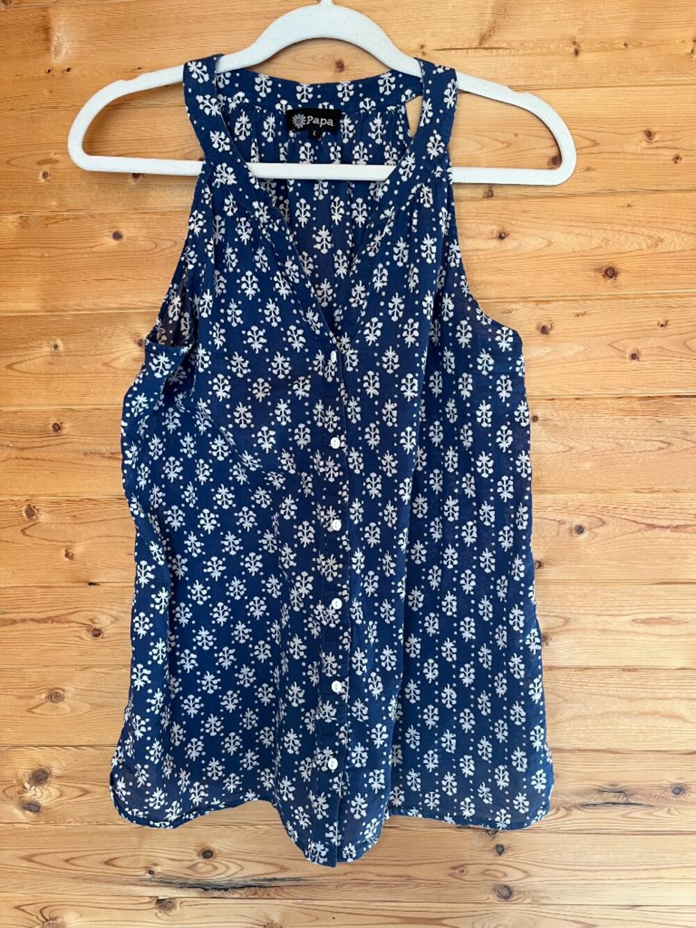 Papa - Blue with White Sleeveless V Neck Top - SIZE L - summer